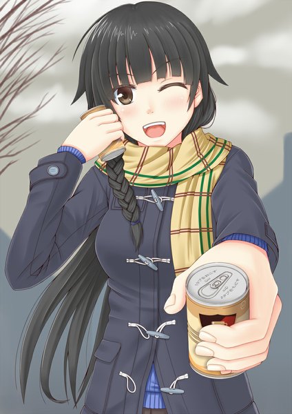 Anime picture 750x1060 with original sano souichi single long hair tall image looking at viewer open mouth black hair brown eyes braid (braids) one eye closed wink girl jacket scarf