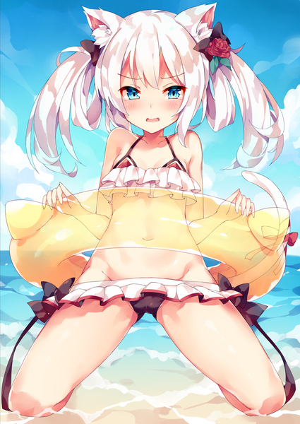 イラスト 947x1336 と アズールレーン ハムマン(アズールレーン) hammann (rebellious summer) (azur lane) うなっち ソロ 長髪 長身像 カメラ目線 赤面 前髪 開いた口 青い目 light erotic hair between eyes ツインテール 肩出し holding 獣耳 payot 銀髪