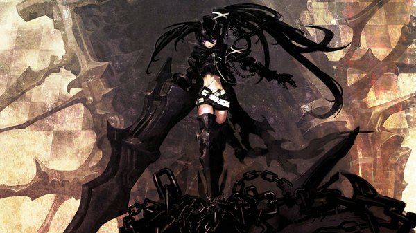 Anime picture 1920x1080 with black rock shooter insane black rock shooter huke long hair highres black hair wide image purple eyes twintails absurdres scar girl weapon shorts boots belt chain huge weapon gauntlets