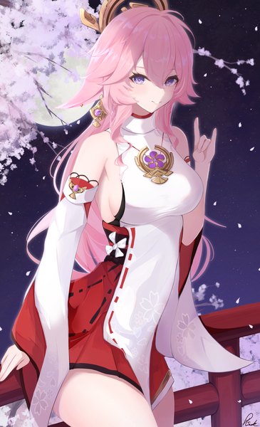 Anime picture 2679x4401 with genshin impact yae miko pisuke (user kcmh2774) single long hair tall image looking at viewer fringe highres breasts light erotic smile hair between eyes large breasts standing purple eyes bare shoulders animal ears pink hair traditional clothes