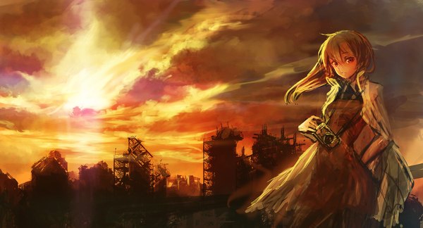 Anime picture 1500x811 with original lm7 (op-center) long hair red eyes brown hair wide image sky cloud (clouds) evening sunset girl building (buildings) sun camera