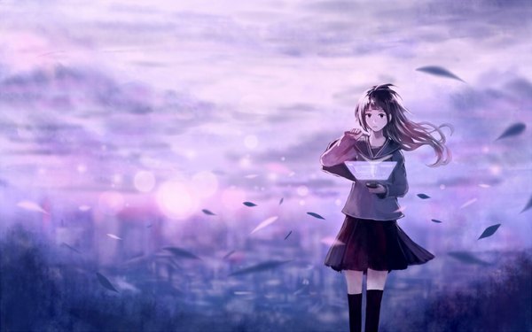 Anime picture 1056x660 with original bounin single long hair black hair wide image holding sky cloud (clouds) black eyes weightlessness girl skirt uniform school uniform shirt black socks building (buildings) knee socks school bag