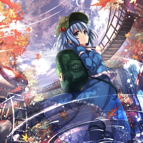 Anime picture 1080x1080 with touhou kawashiro nitori janne cherry single looking at viewer fringe short hair smile hair between eyes standing holding green eyes blue hair ahoge bent knee (knees) outdoors long sleeves from below two side up reflection
