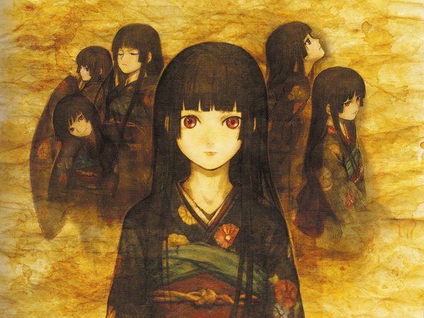 Anime picture 1600x1200 with hell girl studio deen enma ai abe yoshitoshi long hair looking at viewer fringe black hair red eyes looking away blunt bangs eyes closed traditional clothes japanese clothes profile floral print multiview cropped girl kimono