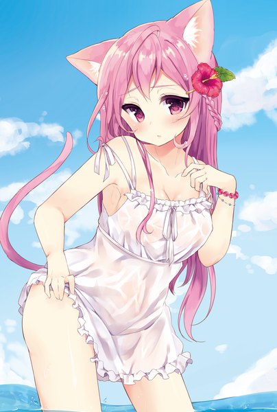Anime picture 1000x1485 with original momoirone single long hair tall image looking at viewer blush fringe light erotic standing bare shoulders animal ears pink hair sky cloud (clouds) tail animal tail pink eyes hair flower cat ears