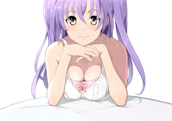 Anime picture 2046x1446 with shin'ya (shin'yanchi) single long hair looking at viewer blush fringe highres breasts light erotic simple background smile large breasts white background twintails bare shoulders yellow eyes cleavage purple hair girl bow