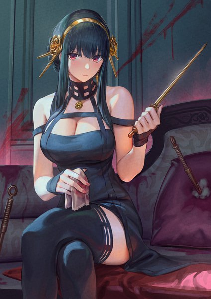 Anime picture 1191x1684 with spy x family yor briar gesoking06 single long hair tall image looking at viewer blush fringe breasts light erotic black hair hair between eyes red eyes large breasts sitting holding cleavage bent knee (knees) indoors