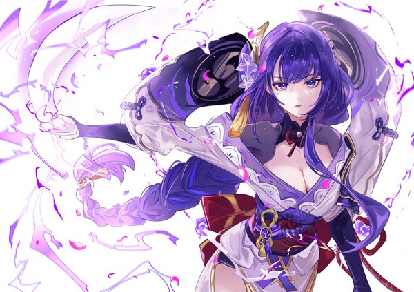 Anime picture 3200x2261 with genshin impact raiden shogun vardan single looking at viewer highres breasts light erotic large breasts purple eyes absurdres cleavage purple hair braid (braids) very long hair traditional clothes japanese clothes mole mole under eye single braid