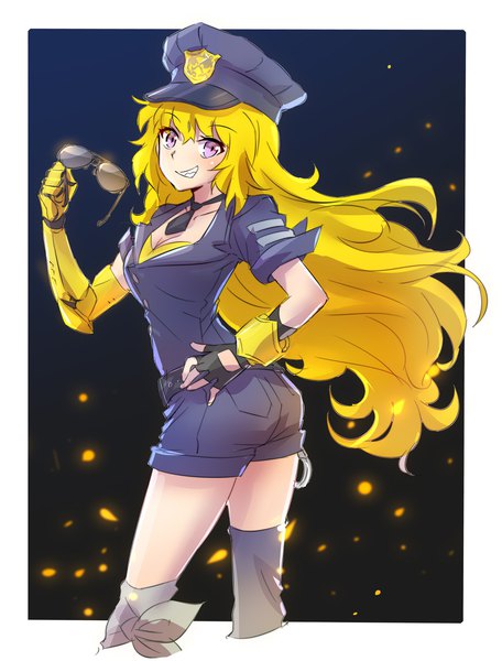 Anime picture 1464x1926 with rwby rooster teeth yang xiao long iesupa single long hair tall image looking at viewer breasts blonde hair smile purple eyes cleavage looking back alternate costume grin gradient background border dark background police