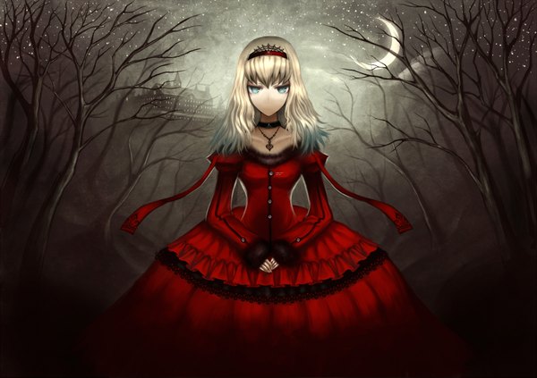 Anime picture 2000x1413 with alice in wonderland alice (alice in wonderland) gia single long hair highres blue eyes blonde hair night crescent girl dress plant (plants) tree (trees) pendant red dress