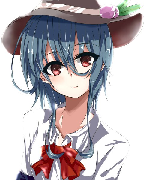 Anime picture 1000x1200 with touhou hinanawi tenshi yorughi single tall image looking at viewer short hair simple background red eyes white background blue hair alternate hairstyle alternate hair length girl hat
