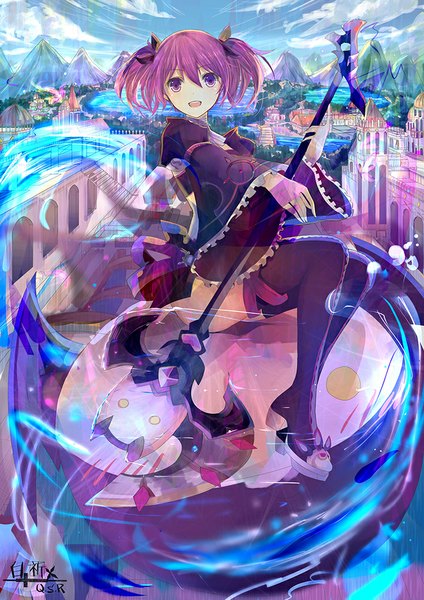 Anime picture 707x1000 with elsword aisha landar bai qi-qsr single long hair tall image looking at viewer fringe open mouth sitting purple eyes twintails holding signed pink hair sky cloud (clouds) bent knee (knees) long sleeves from above