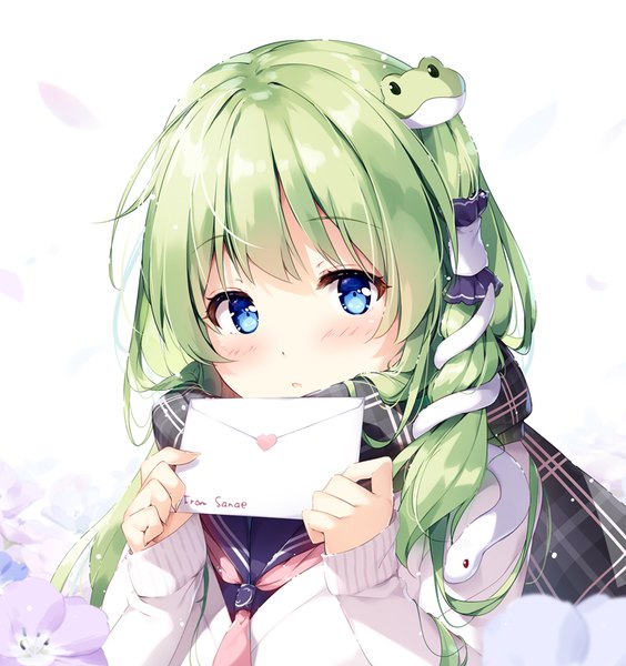 Anime picture 761x810 with touhou kochiya sanae miyase mahiro single long hair tall image looking at viewer blush fringe open mouth blue eyes simple background white background holding upper body blunt bangs green hair alternate costume sleeves past wrists girl