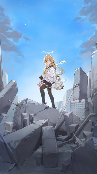 Anime picture 2016x3636 with blue archive hifumi (blue archive) peroro (blue archive) sentter single long hair tall image looking at viewer highres blonde hair standing twintails holding yellow eyes sky cloud (clouds) full body bent knee (knees) outdoors long sleeves