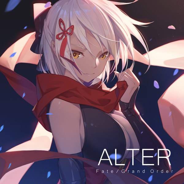 Anime picture 1400x1400 with fate (series) fate/grand order okita souji (fate) (all) okita souji alter (fate) nian (zhanian) single looking at viewer fringe short hair breasts light erotic large breasts yellow eyes silver hair upper body wind copyright name gradient background dark skin alternate hairstyle