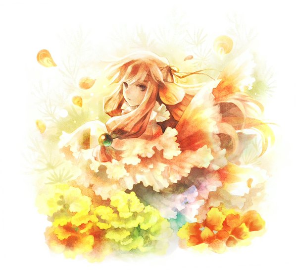 Anime picture 1100x1000 with original sui (petit comet) single long hair brown eyes looking back orange hair girl petals