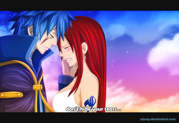 Anime picture 1100x758 with fairy tail erza scarlet jellal fernandes natilokijung long hair blush short hair blue hair cloud (clouds) red hair eyes closed profile inscription tattoo night sky tears coloring face to face face paint girl