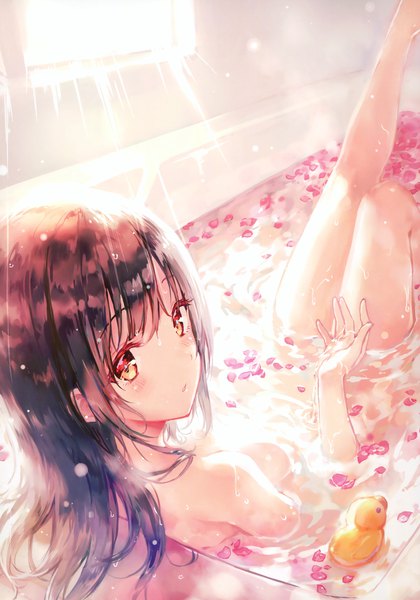 Anime picture 2309x3300 with original sano mana hiten (hitenkei) single long hair tall image looking at viewer blush fringe highres light erotic brown hair bent knee (knees) indoors parted lips looking back from above nude from behind sunlight