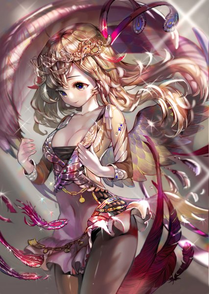 Anime picture 1422x2000 with crab d single long hair tall image fringe breasts light erotic blonde hair smile brown hair standing cleavage legs groin looking down girl navel hair ornament wings choker