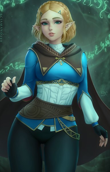 Anime picture 1924x3000 with the legend of zelda the legend of zelda: breath of the wild nintendo princess zelda sciamano240 single tall image looking at viewer blush highres short hair blonde hair standing green eyes signed braid (braids) parted lips fingernails lips pointy ears