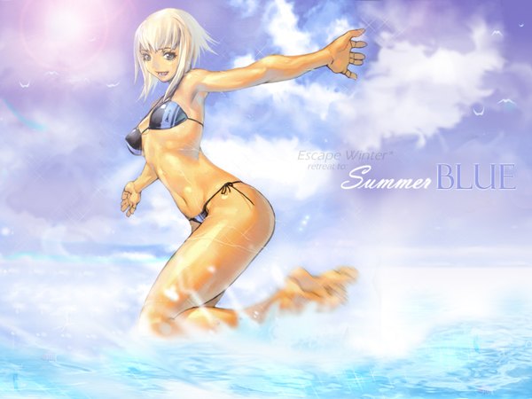Anime picture 1600x1200 with kim hyung tae single looking at viewer fringe short hair blue eyes light erotic sky cloud (clouds) white hair parted lips wallpaper spread arms jumping summer girl swimsuit animal bikini water