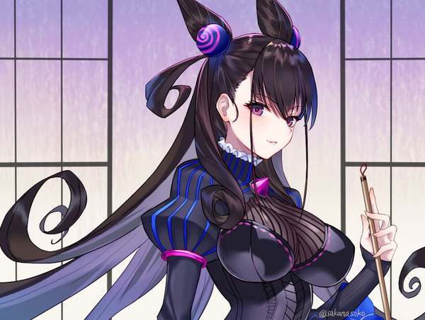 Anime picture 1000x754 with fate (series) fate/grand order murasaki shikibu (fate) sakanasoko single long hair looking at viewer blush fringe breasts light erotic black hair hair between eyes large breasts purple eyes holding signed upper body parted lips multicolored hair