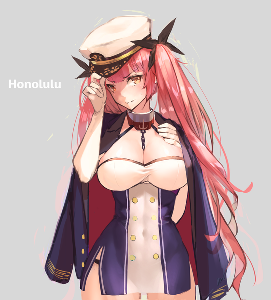 Anime picture 868x960 with azur lane honolulu (azur lane) ha2ru single long hair tall image looking at viewer breasts light erotic simple background large breasts twintails yellow eyes pink hair cleavage grey background character names hand on chest shaded face side slit