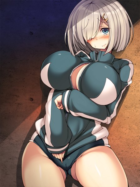 Anime picture 1200x1600 with kantai collection hamakaze destroyer torisan single tall image blush fringe short hair breasts blue eyes light erotic silver hair light smile hair over one eye sweat huge breasts cameltoe girl uniform hair ornament