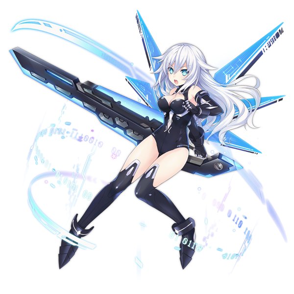 Anime picture 1024x1024 with choujigen game neptune azur lane black heart tsunako single long hair fringe breasts open mouth blue eyes light erotic simple background hair between eyes white background bare shoulders holding payot cleavage silver hair full body