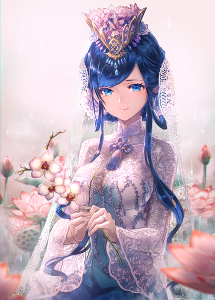 Anime picture 1047x1462 with merc storia mito itsuki single long hair tall image looking at viewer fringe breasts blue eyes simple background holding payot blue hair traditional clothes light smile girl dress flower (flowers) headdress tassel