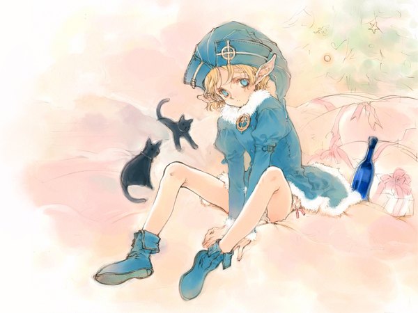 Anime picture 1597x1200 with littlewitch oyari ashito single looking at viewer fringe blue eyes blonde hair sitting full body bent knee (knees) long sleeves head tilt pointy ears bare legs elf sad girl dress animal shoes