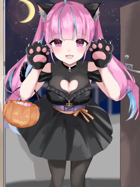 Anime picture 941x1255 with virtual youtuber hololive minato aqua koto (koto k k) single long hair tall image looking at viewer open mouth twintails animal ears pink hair cleavage :d pink eyes multicolored hair streaked hair halloween cleavage cutout crescent