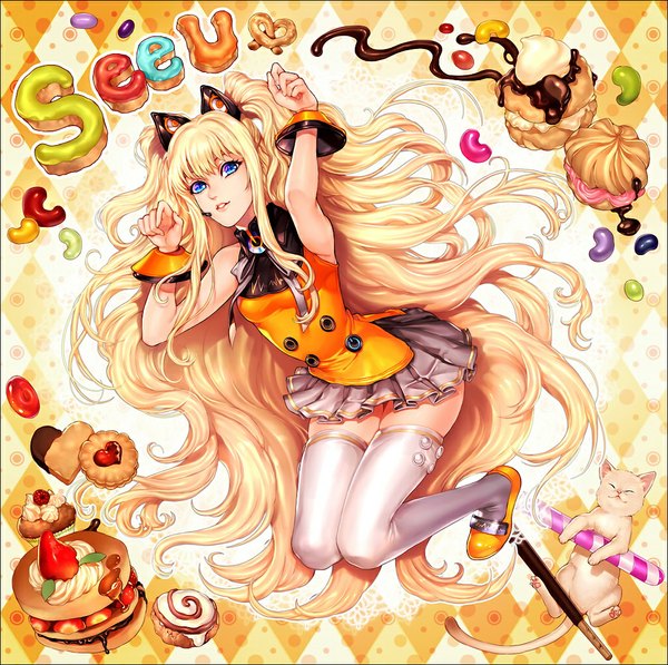 Anime picture 1024x1019 with vocaloid seeu junji (pixiv579990) single long hair blue eyes blonde hair animal ears cat ears sleeveless girl thighhighs skirt miniskirt white thighhighs food bracelet sweets cat candy