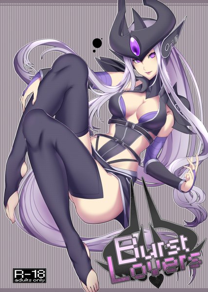 Anime picture 1325x1863 with league of legends syndra kumiko shiba single tall image looking at viewer blush breasts light erotic purple eyes purple hair very long hair girl thighhighs black thighhighs helmet