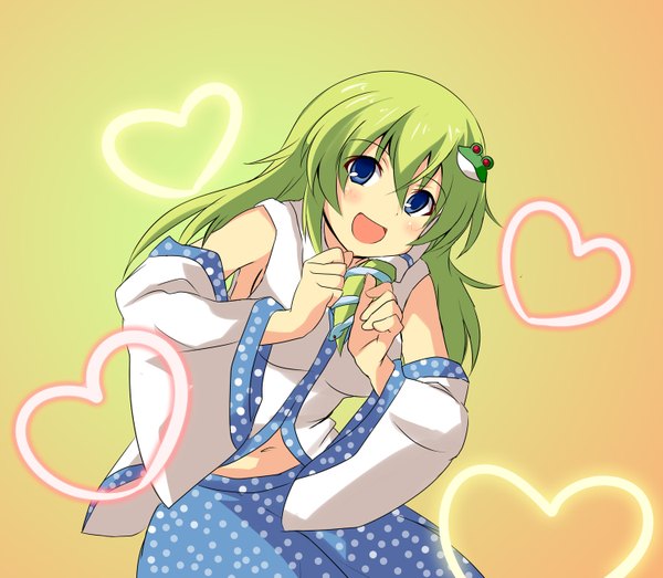 Anime picture 1500x1308 with touhou kochiya sanae be (o-hoho) long hair looking at viewer open mouth blue eyes simple background green hair girl skirt navel hair ornament detached sleeves miniskirt heart skirt set hair tubes