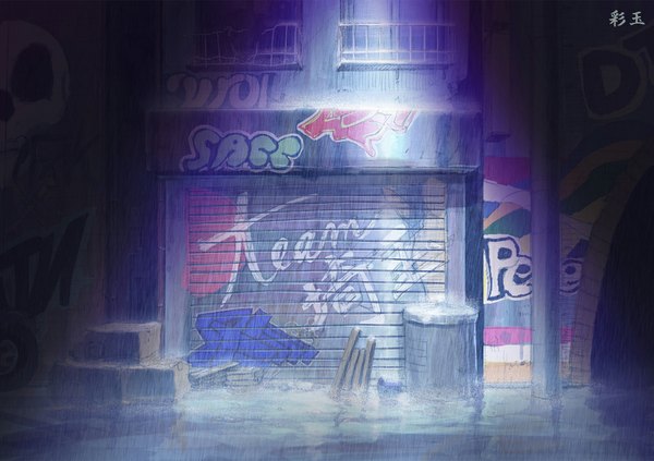 イラスト 1000x706 と オリジナル saitama_bg night light rain graffiti 窓 箱 garbage can