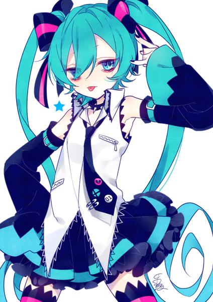 Anime picture 794x1123 with vocaloid hatsune miku shimogu single tall image fringe blue eyes simple background hair between eyes standing white background twintails signed very long hair nail polish arm up aqua hair hand on hip piercing mmm