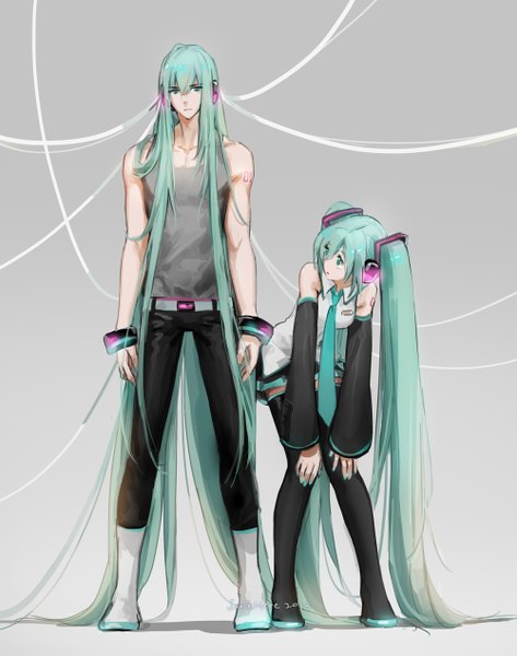 Anime picture 1000x1267 with vocaloid hatsune miku hatsune mikuo jane mere tall image twintails very long hair aqua eyes aqua hair :o tattoo leaning zettai ryouiki leaning forward girl thighhighs boy skirt detached sleeves miniskirt