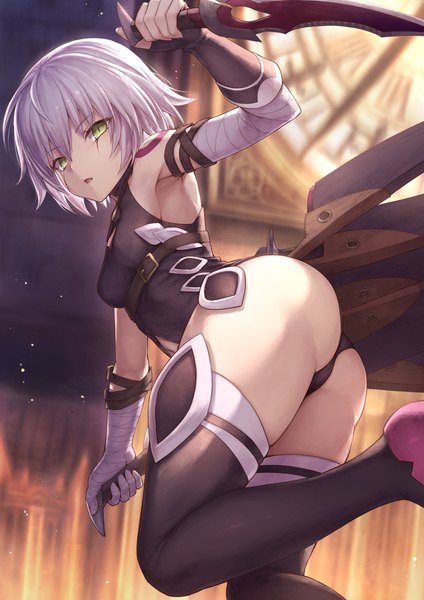 Anime picture 1447x2046 with fate (series) fate/apocrypha jack the ripper (fate/apocrypha) mashuu (neko no oyashiro) single tall image looking at viewer fringe short hair breasts open mouth light erotic hair between eyes holding green eyes silver hair ass outdoors looking back blurry