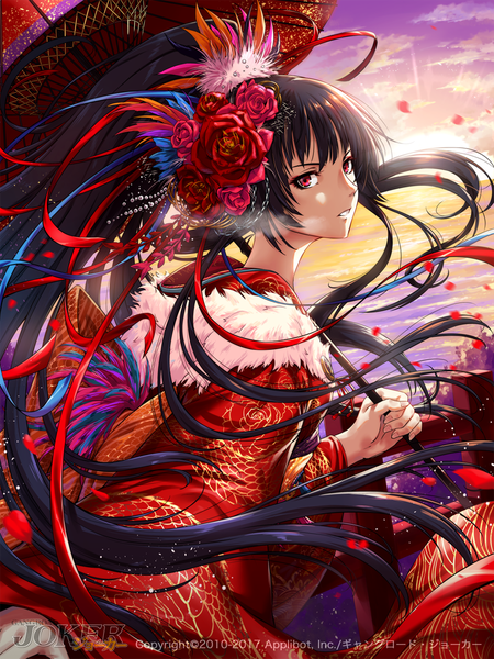 Anime picture 900x1200 with joker ~gang road~ shion tatara sakiyamama single long hair tall image looking at viewer fringe black hair red eyes standing holding sky cloud (clouds) outdoors ponytail traditional clothes parted lips japanese clothes hair flower