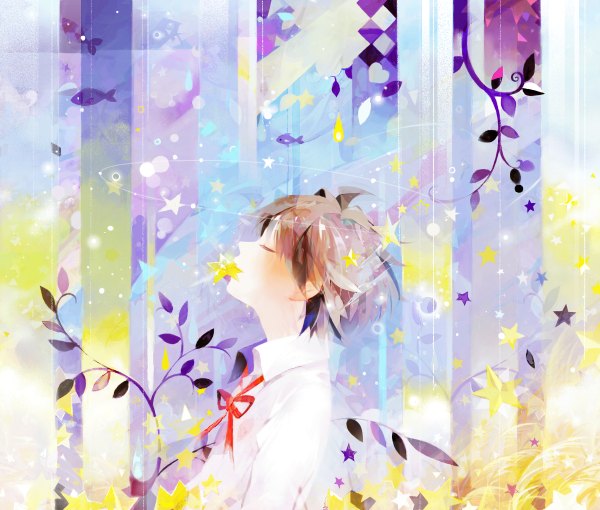 Anime picture 1200x1020 with original mochikin (jijijin) single blush short hair brown hair eyes closed profile mouth hold boy ribbon (ribbons) bow plant (plants) shirt white shirt star (symbol) leaf (leaves) fish (fishes)