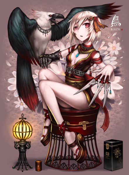 Anime-Bild 1200x1636 mit original gia tall image looking at viewer highres short hair open mouth light erotic blonde hair red eyes sitting cleavage inscription legs girl hair ornament flower (flowers) weapon animal petals