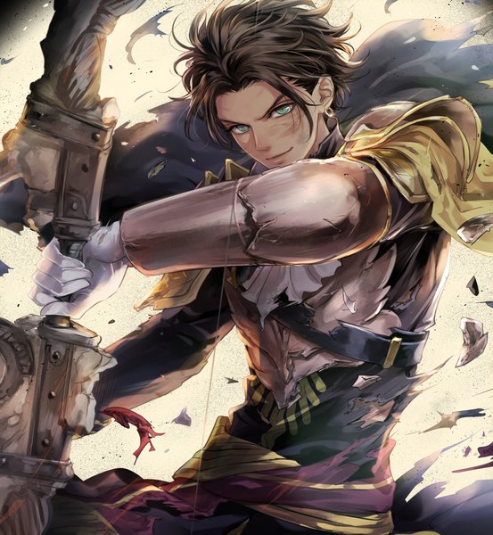 Anime picture 921x1000 with fire emblem fire emblem: three houses fire emblem warriors: three hopes nintendo claude von riegan hksi1pin single tall image short hair smile brown hair standing holding green eyes torn clothes broken weapon broken armor boy gloves weapon