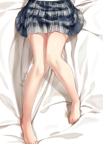 Anime picture 1200x1679 with original haneru single tall image signed bent knee (knees) pleated skirt barefoot bare legs shadow legs twitter username plaid skirt close-up head out of frame girl skirt toes