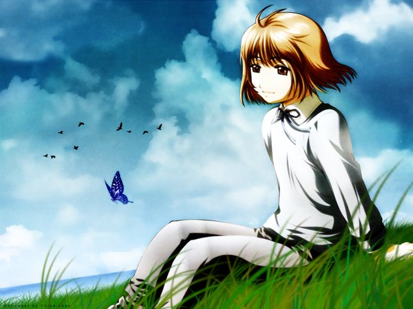 Anime picture 1600x1200 with gunslinger girl madhouse henrietta (gunslinger girl) single fringe short hair brown hair sitting brown eyes payot looking away cloud (clouds) ahoge outdoors long sleeves sunlight arm support flat chest nature girl