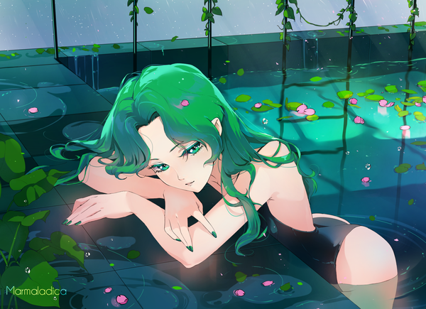 Anime picture 1500x1089 with bishoujo senshi sailor moon toei animation kaiou michiru marmalade (elfless vanilla) single long hair looking at viewer light erotic standing bare shoulders green eyes signed indoors nail polish head tilt green hair bare legs leaning leaning forward partially submerged