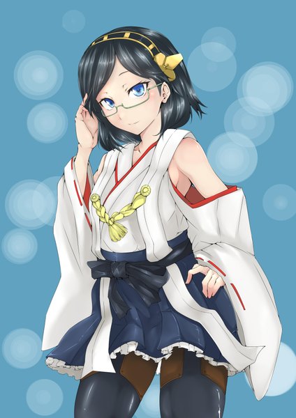 Anime picture 1447x2046 with kantai collection kirishima battleship single tall image looking at viewer short hair blue eyes black hair bare shoulders nontraditional miko girl detached sleeves glasses