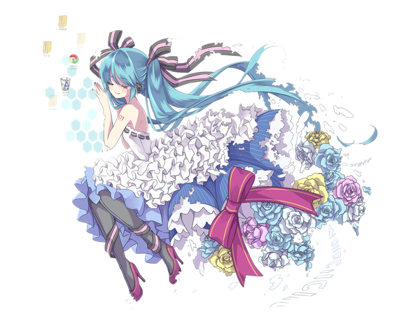 Anime-Bild 1875x1458 mit vocaloid hatsune miku risui (suzu rks) single long hair highres smile white background twintails eyes closed very long hair nail polish aqua hair high heels tears dissolving dissolving clothes girl dress flower (flowers)