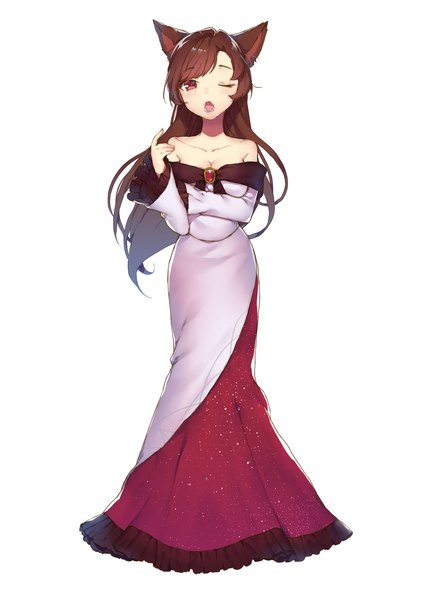 Anime picture 1700x2389 with touhou imaizumi kagerou acidear single long hair tall image looking at viewer breasts open mouth simple background red eyes brown hair large breasts standing white background bare shoulders animal ears cleavage full body long sleeves
