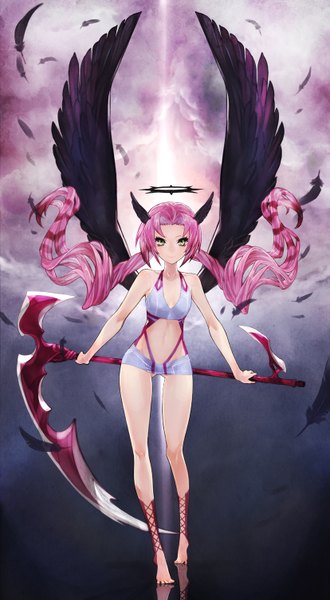 Anime picture 827x1500 with original koneko kosodate chuu single long hair tall image looking at viewer light erotic smile twintails green eyes pink hair sky cloud (clouds) barefoot wind low twintails light reflection black wings head wings
